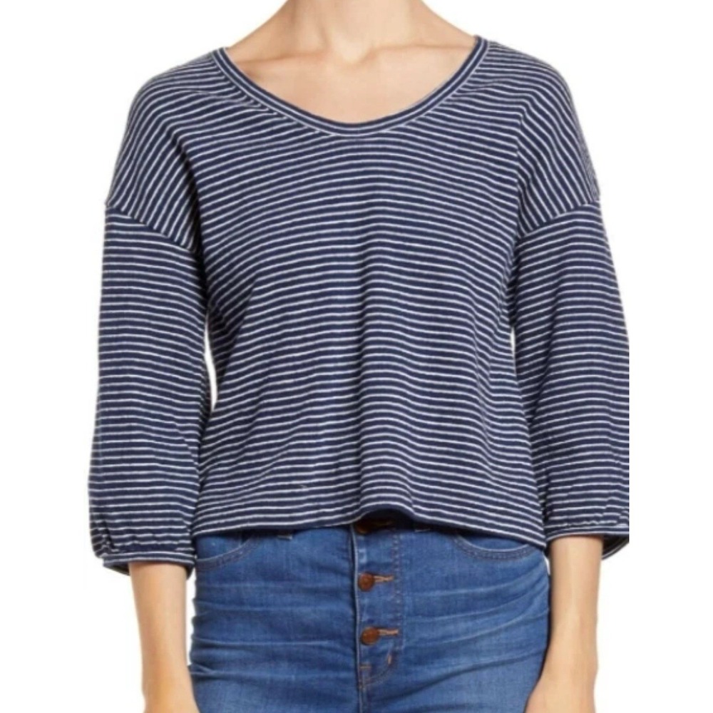 NWT Madewell V-Neck‎ Bubble-Sleeve Top - Women's Size Small Navy/White